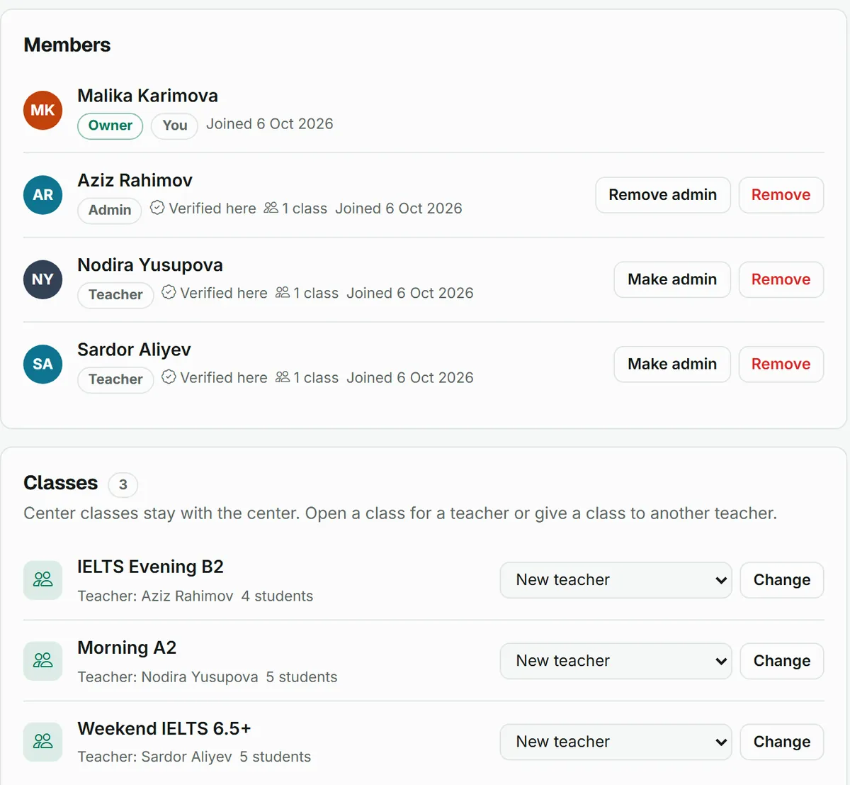 Center page: members with their roles and the center classes, each with its teacher